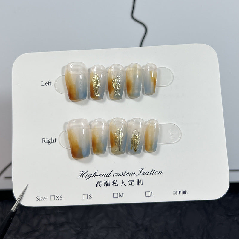 【Amber Glaze】Gradient Ice Transparent Wearable Mid-Length Nail Stickers Trapezoidal Handmade Wear Nail Wholesale