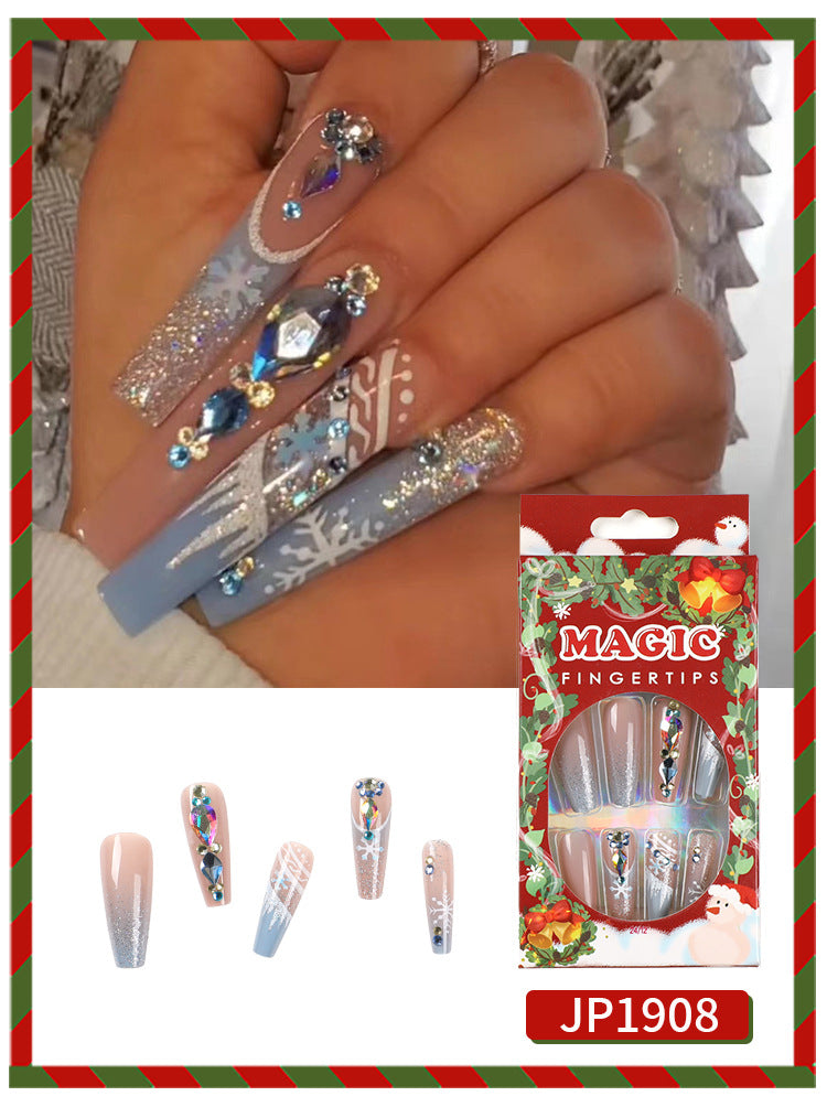 Wearing Nail Snowflake Glitter Blue French Side Nail Tip Wholesale Rhinestone Christmas Nail Sticker Finished Nail Beauty nails