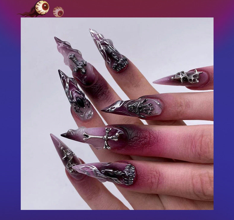 Halloween Cool Wear Nail French Flame Cross Manicure Purple Smudges Spider Nail Tip Finished Product Wholesale