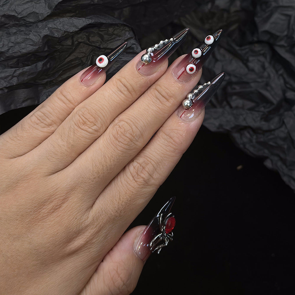 Cross-Border Hot Selling European and American Long Pointed Hand-Worn Nail Three-Dimensional Nail Ornament Bloody Rivet Spider Halloween Nail Tip