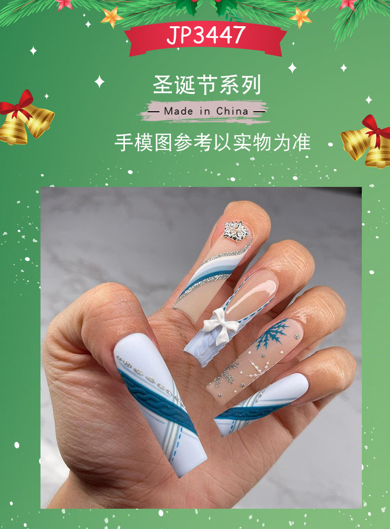 Europe and America Cross Border Christmas Wear Nail Snowflake Three-Dimensional Bow Manicure Fake Nails French Rectangle Nail Tip Wholesale