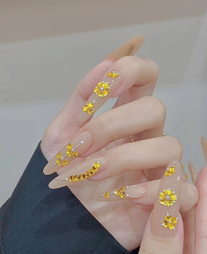 Handmade Wear Nail Internet Celebrity Hot Summer Classic Nude Golden Wheat Elegant High-Grade Long Manicure