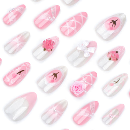 French Cute Girl Pink Nail Art Three-Dimensional Flower Wear Nail Tulip Ribbon Fake Nails Nail Tip Finished Product Wholesale