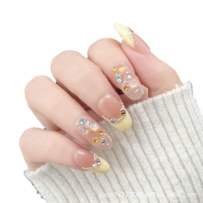 Spring and Summer New Handmade Wear Armor Light Yellow Full Diamond Flash ins Short Oval Manicure Advanced Removable Manicure