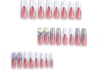 French Style White Edge Wear Nail Blush Glitter Flower Nail Art Ultra Long Pearl Fake Nails White Romantic Nail Tip