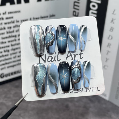 Hand-Worn Nail Black and Blue Gradient Three-Dimensional Cat's Eye Advanced Spray Gun Mid-Length Nail Stickers Wearable Nail Sticker