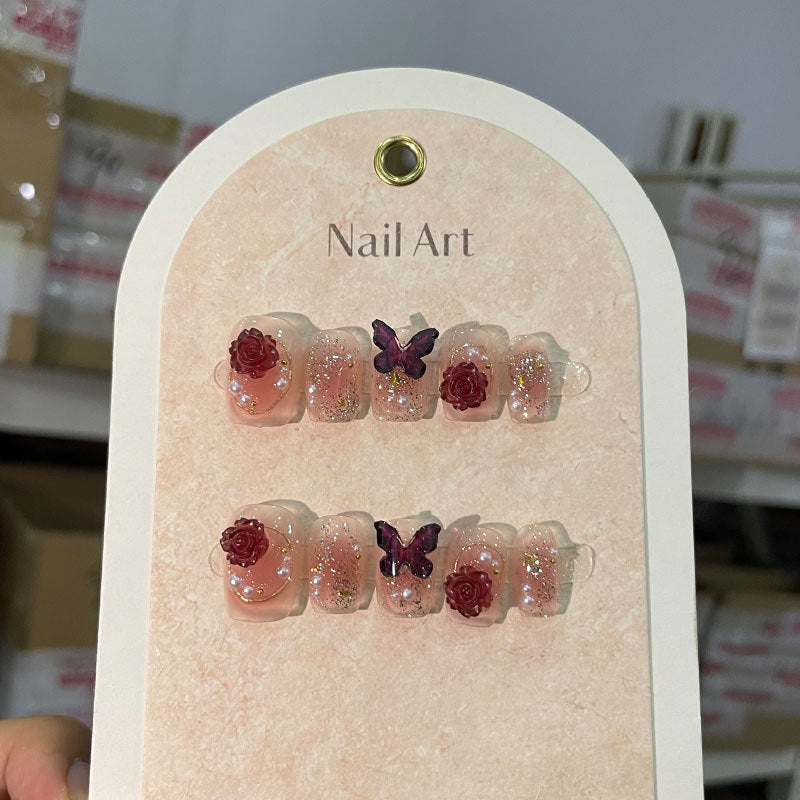 Handmade Wear Jia Wu Lekvar Spicy Girl Wine Red Camellia Butterfly Fake Nails Handmade Wear Nail Patch