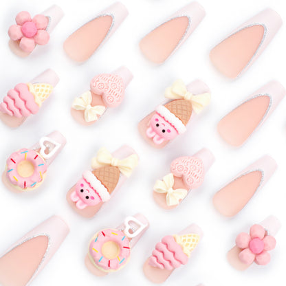 Sweet Cute Pink Ice Cream Cone Manicure Fake Nail Tip Three-Dimensional Love Heart Flowers Wear Nail Nail Patch