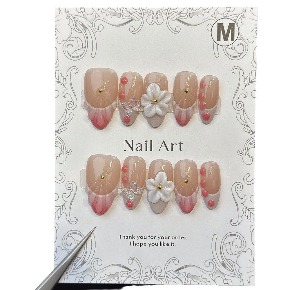 Original ins European and American Almond Hand-Worn Nail Pink French Carved Three-Dimensional Hand-Painted Detachable Nail Sticker