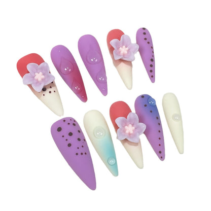 European and American Long Pointed Summer Colorful Contrast Color Handmade Wear Armor Polka Dot Flower Long Nail Stickers