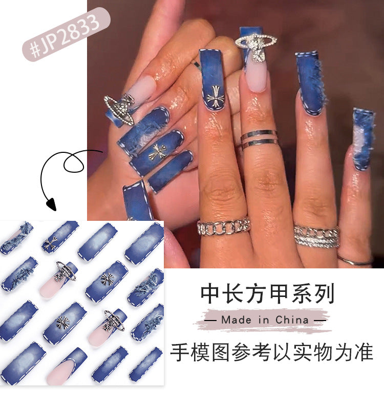 Ripped Denim Blue Wear Nail Cross Tassel Manicure French Super Long Removable Nail Tip Finished Product Wholesale