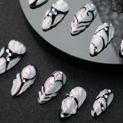 New Wear Armor ins Wind Laser Magic Color Pile Glue Black Lines European and American Hot Girl Style Handmade Manicure Fake Nail Tip