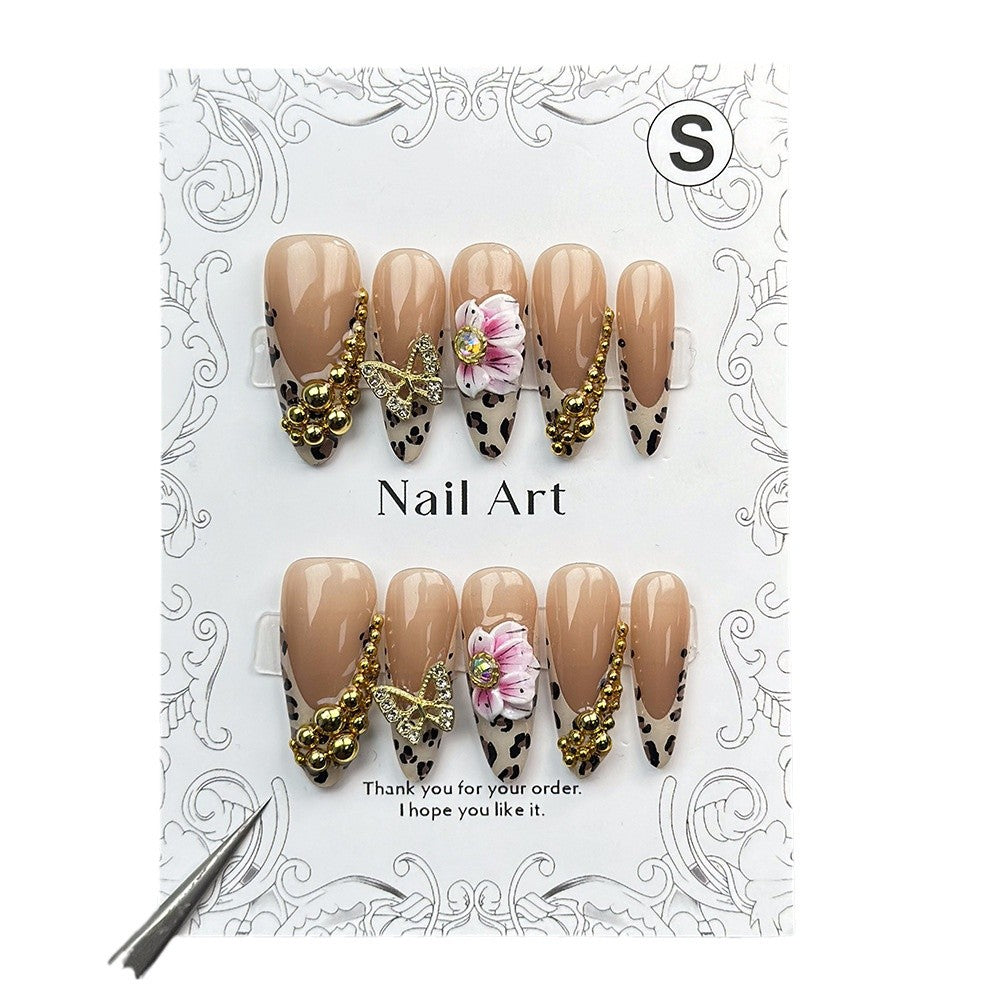 European and American Hot Almond-Shaped Nail Art French Leopard Print Butterfly Net Red Flower Wearing Nail Removable Nail Stickers Nail Tip