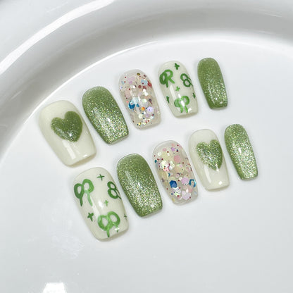 Spring and Summer New Nail Beauty Green Cat's Eye Cute Hand-Painted Bow Hand-Worn Armor Wearable Nail Sticker Wholesale