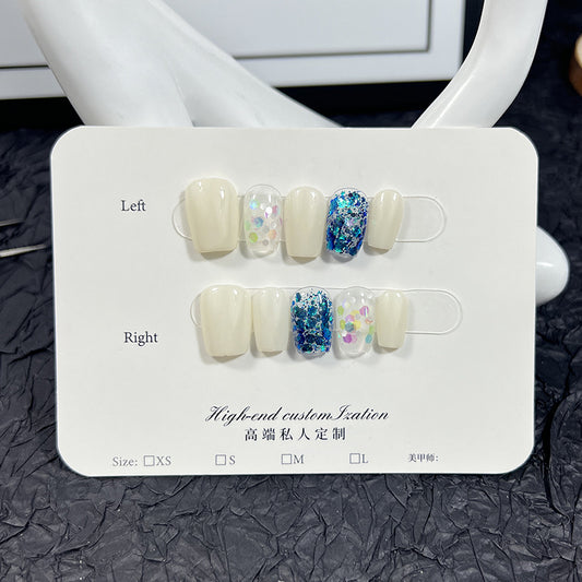 Summer Fresh Blue Sequins Short Wear Finished Nail Beauty Patch Fake Nails Handmade Wear Nail Wholesale