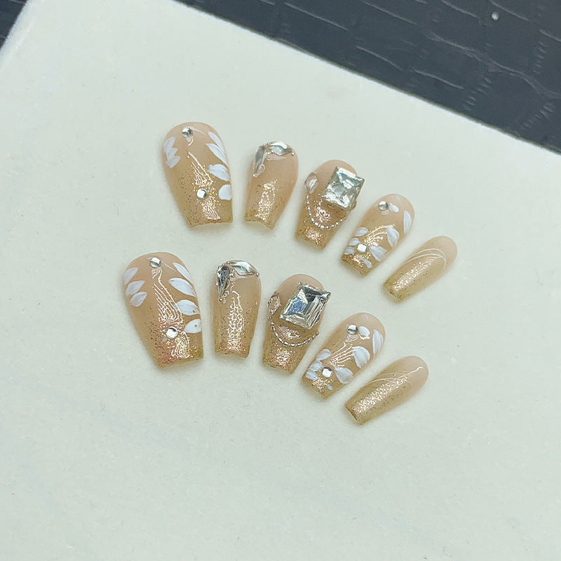 Handmade Wear Nail Short Ladder Thin and Glittering Hand Painted Small Flower Cube Candy Diamond Wear Nail Pure Want to Show White Nail Stickers UV Nail