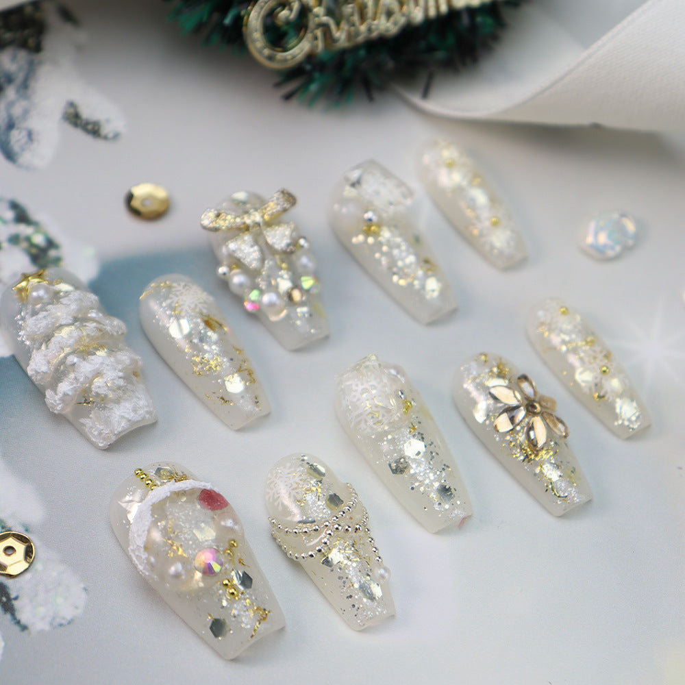 Popular Handmade Manicure Wear Nail Christmas Style Champagne Gold Three-Dimensional Bead Necklace Christmas Tree Nail Patch Wholesale