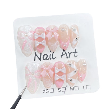 【Dyed Nail】Ballet Shoes Pure Desire Sweet Relief Hand-Painted Bow Hand-Worn Fake Nail Patch