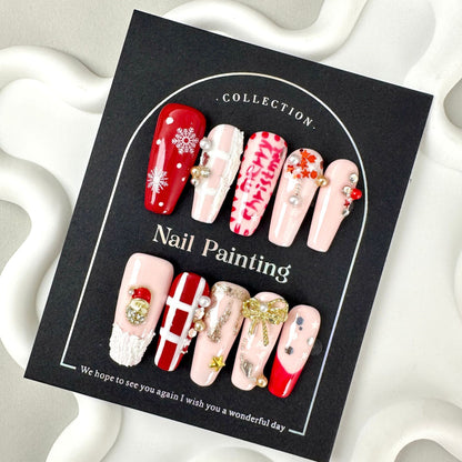 Christmas Style Hand-Painted Wear Nail Tip Mid-Length T Type Cross-Border European and American Handmade Nail Stickers Wholesale High Sense