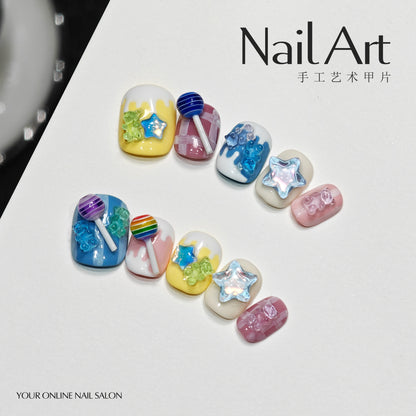 Handmade Wear Armor Cute Short Cartoon Lollipop Handmade Nail Stickers Fake Nails Ten Finger Nail Tip Wholesale