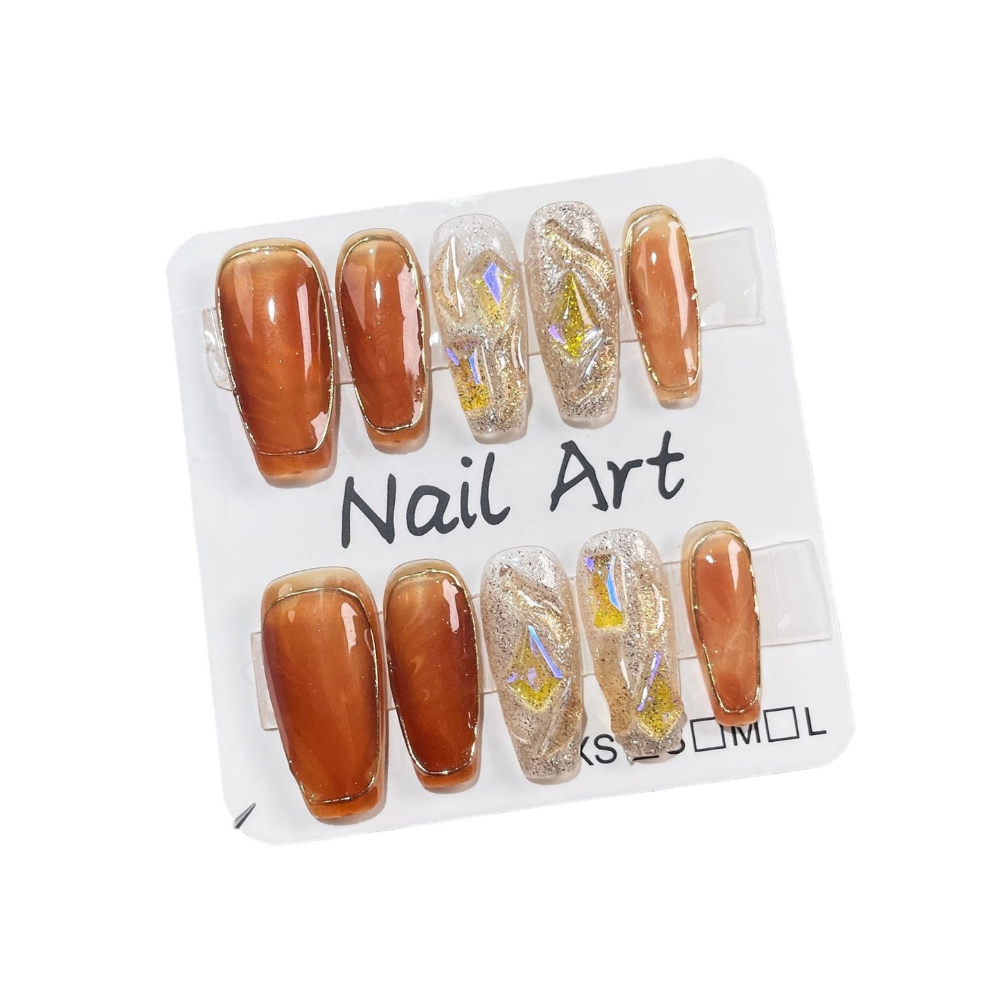 Maillard Color Handmade Wear Armor Autumn and Winter New Irregular Hook Amber Blooming Mid-Length Nail Stickers