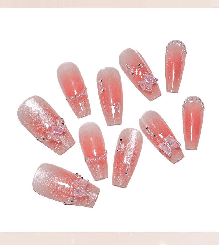 Sweet Blush Xiaohongshu Wear Armor Spot Drill Aurora Three-Dimensional Butterfly Manicure French Cat Eye Fake Nails Nail Tip