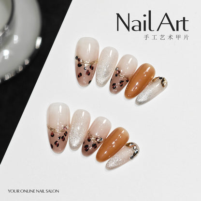 Handmade Wear Armor Summer Advanced Atmosphere Cat Eye French Leopard Print Nail Stickers Handmade Fake Nail Tip Wholesale