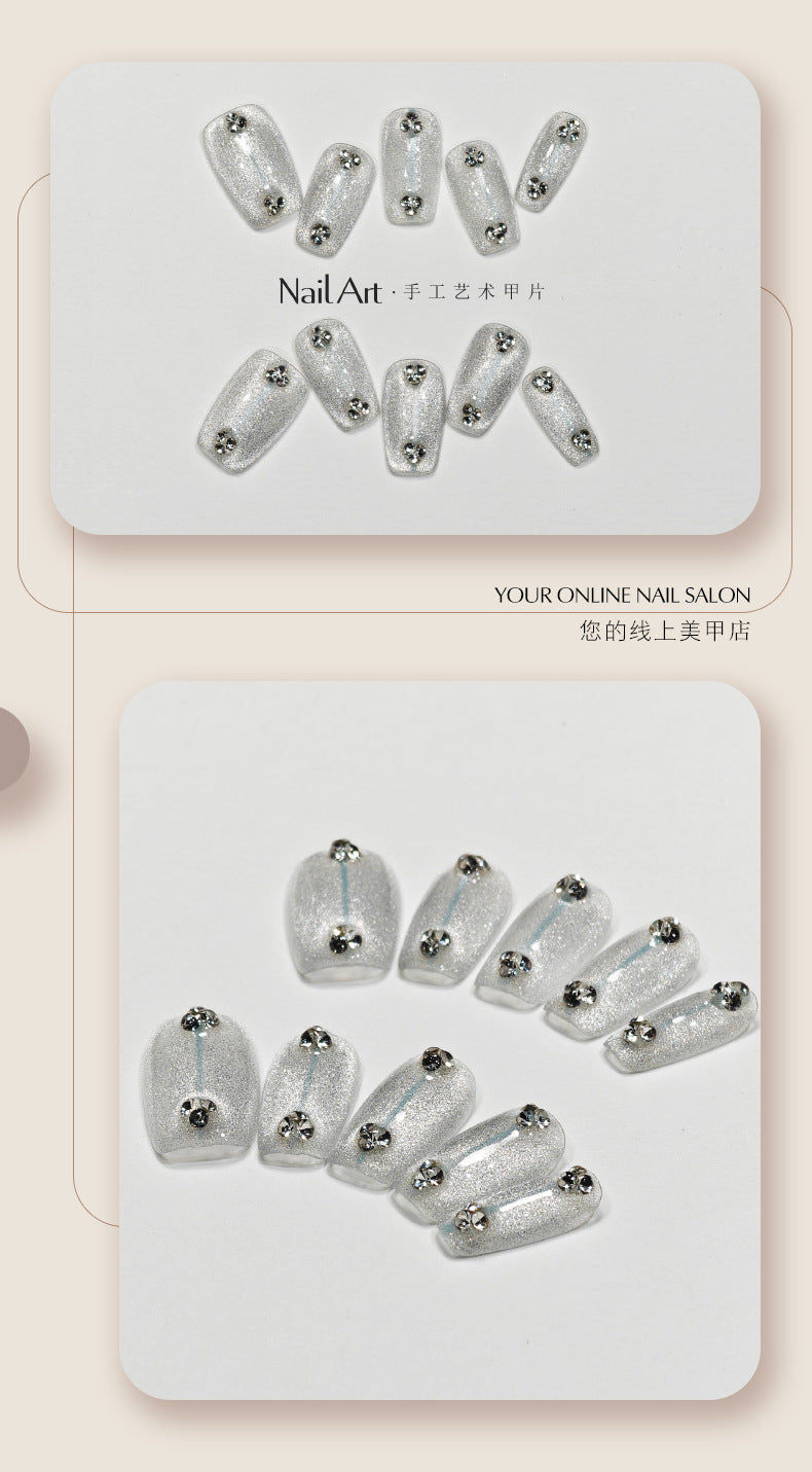 Autumn Art Handmade Wear Armor High Sense Autumn Cat Eye Silver Short White Nail Stickers Handmade Fake Nail Tip