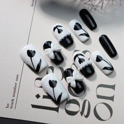 Factory Wear Armor Handmade Advanced Handmade Black and White Flower Pearl Bow Nail Stickers One Piece Dropshipping