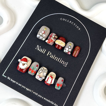 Handmade Pinch Christmas Style Europe and America Cross Border Wear Nail Tip High Sense Autumn and Winter Handmade Nail Stickers Hand Painted