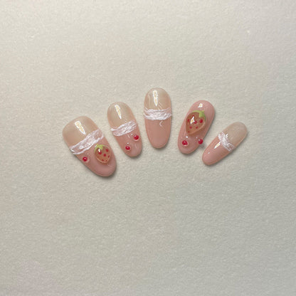 Handmade Wear Nail Hand-Painted Pinch Strawberry Medium Oval French Cute Style Wear Manicure Detachable Nail Sticker