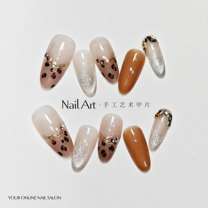 Handmade Wear Armor Summer Advanced Atmosphere Cat Eye French Leopard Print Nail Stickers Handmade Fake Nail Tip Wholesale