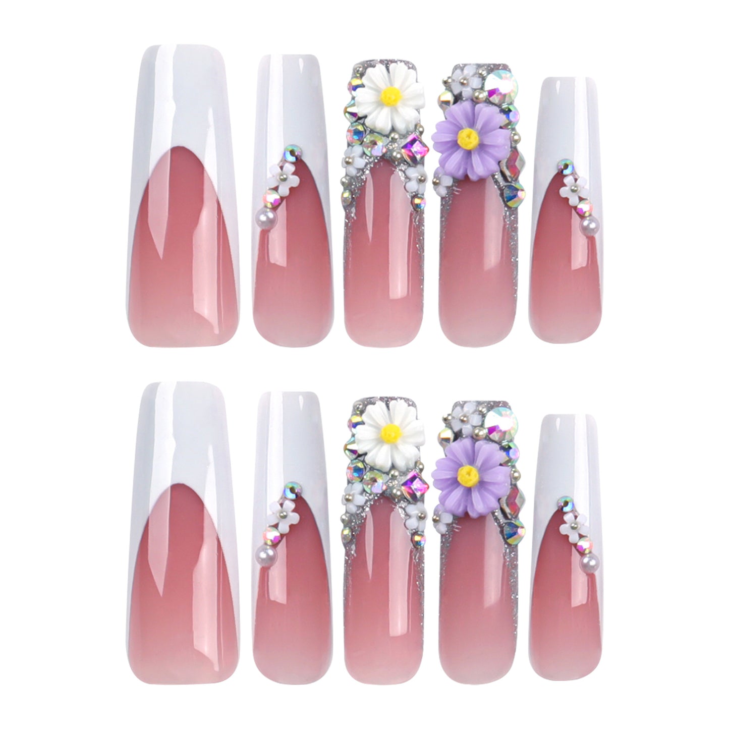 French Style White Edge Wear Nail Blush Glitter Flower Nail Art Ultra Long Pearl Fake Nails White Romantic Nail Tip