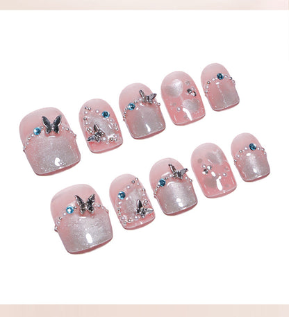 Three-Dimensional Metal Butterfly Wear Armor French Cat Eye Gradient Fake Nails Spot Drill Wearable Fake Nails Nail Tip Wholesale