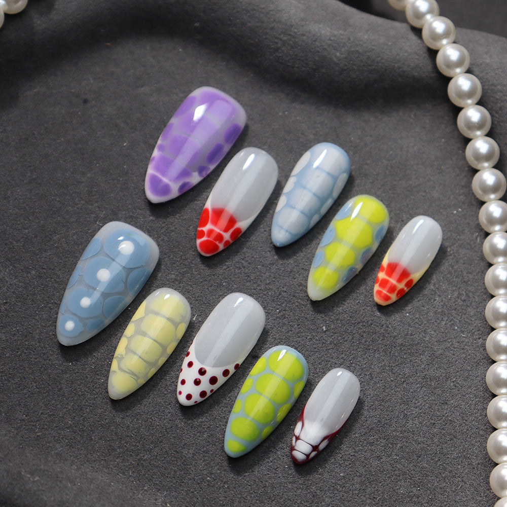 Factory Direct Sales Hand-Made Hand-Made French Almond Nail Sweet Cool Hand-Painted Crocodile Pattern Detachable Finished Product