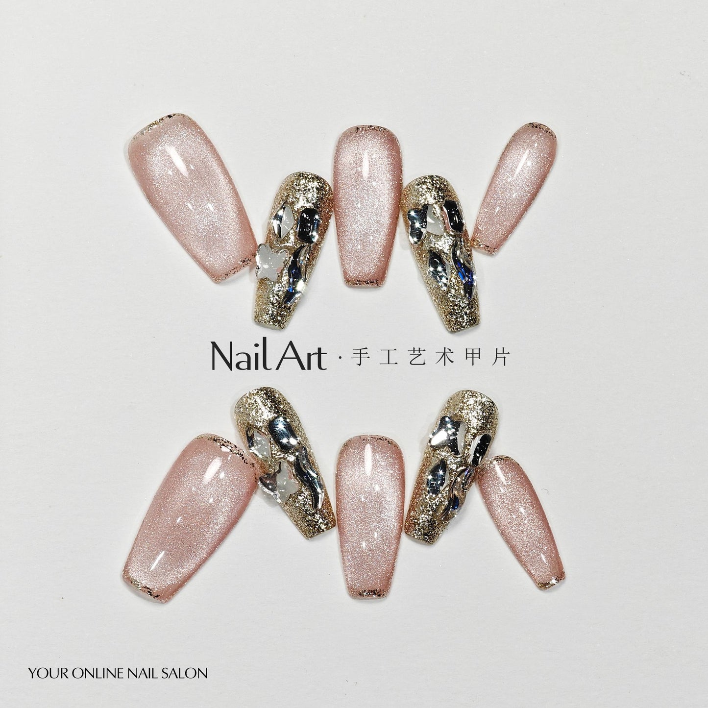 Handmade Wear Armor High-Grade Nude Cat Eyes Flashing Cute White Nail Stickers Handmade Fake Nail Tip Wholesale