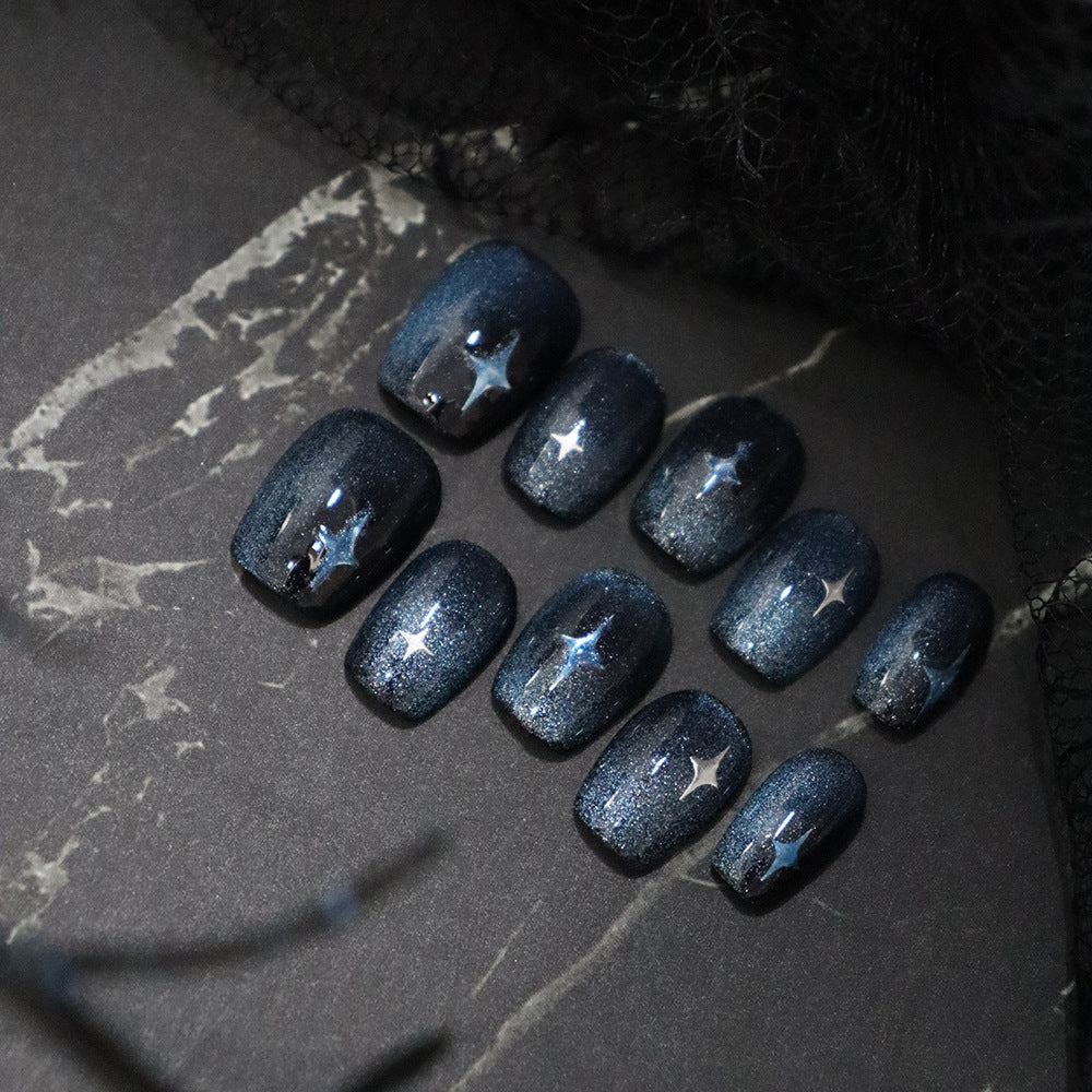 Short Ballet Hand-Worn Armour Night Sky Cat Eye XINGX Nail Stickers European and American Sweet Cool Rock Sky Blue Fake Nails