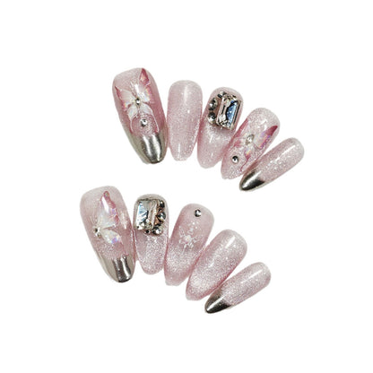 Handmade Wear Armor Autumn and Winter Advanced Butterfly French Cat Eye Magic Mirror Nail Stickers Handmade Fake Nail Tip Wholesale