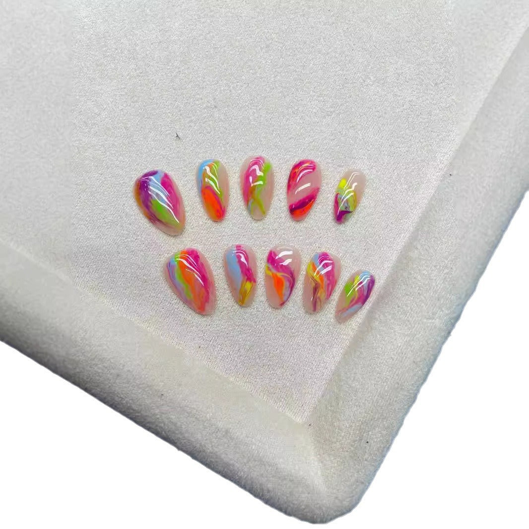 Europe and America Cross Border Hot Sale ins Wind Hand-Painted Color Dopamine Stripe Temperament Advanced Short Almond Nail Art