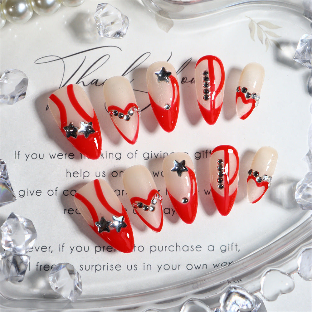 Korean Style Y2K Hot Girl Hand-Painted Hand-Worn Nail Love Red Two-Dimensional French Finished Manicure Fake Nail Tip