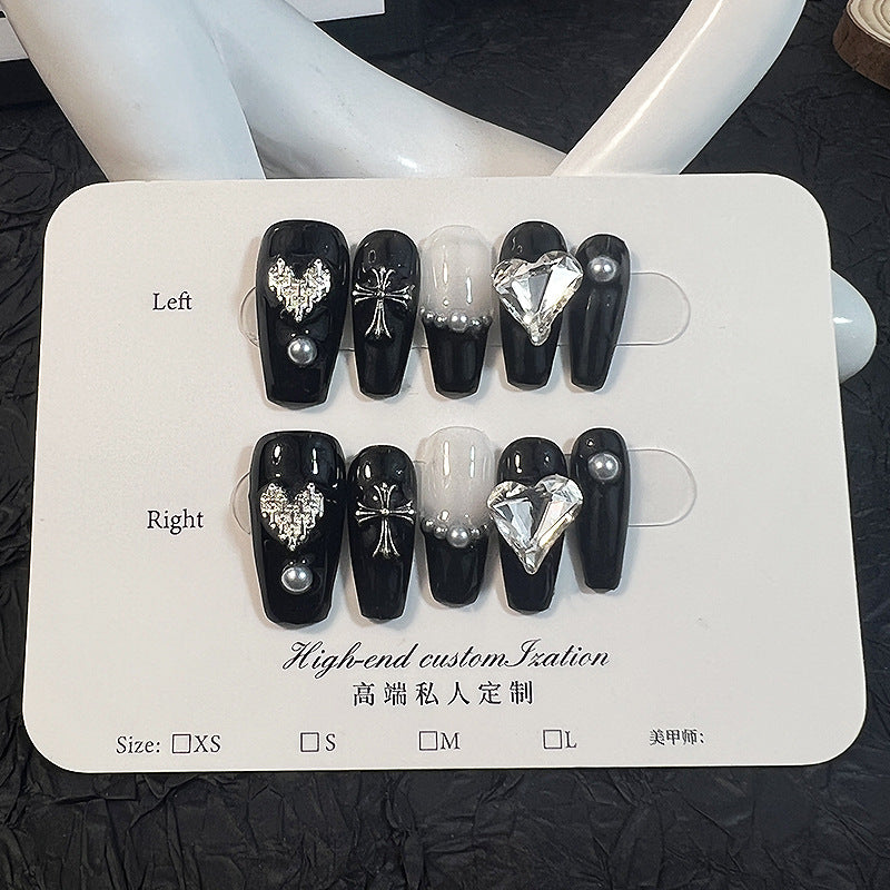 Handmade Wear Nail Crock Heart Crooked Heart Light Diamond Dark European and American Style Nail Stickers Detachable Fake Nails