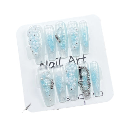 Handmade Wear Armor Ocean Blue Blooming Flash Long Nail Stickers Small Flower Spring and Summer New Wearable Nail Sticker