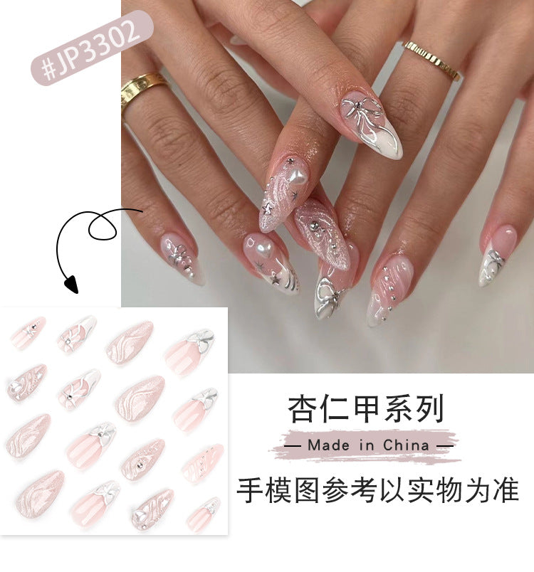 Cross-border hot selling3D French Wear Nail Polish Piece Wholesale Love Heart Bow Tie Nail Art Almond Type Fake Nails Nail Sticker