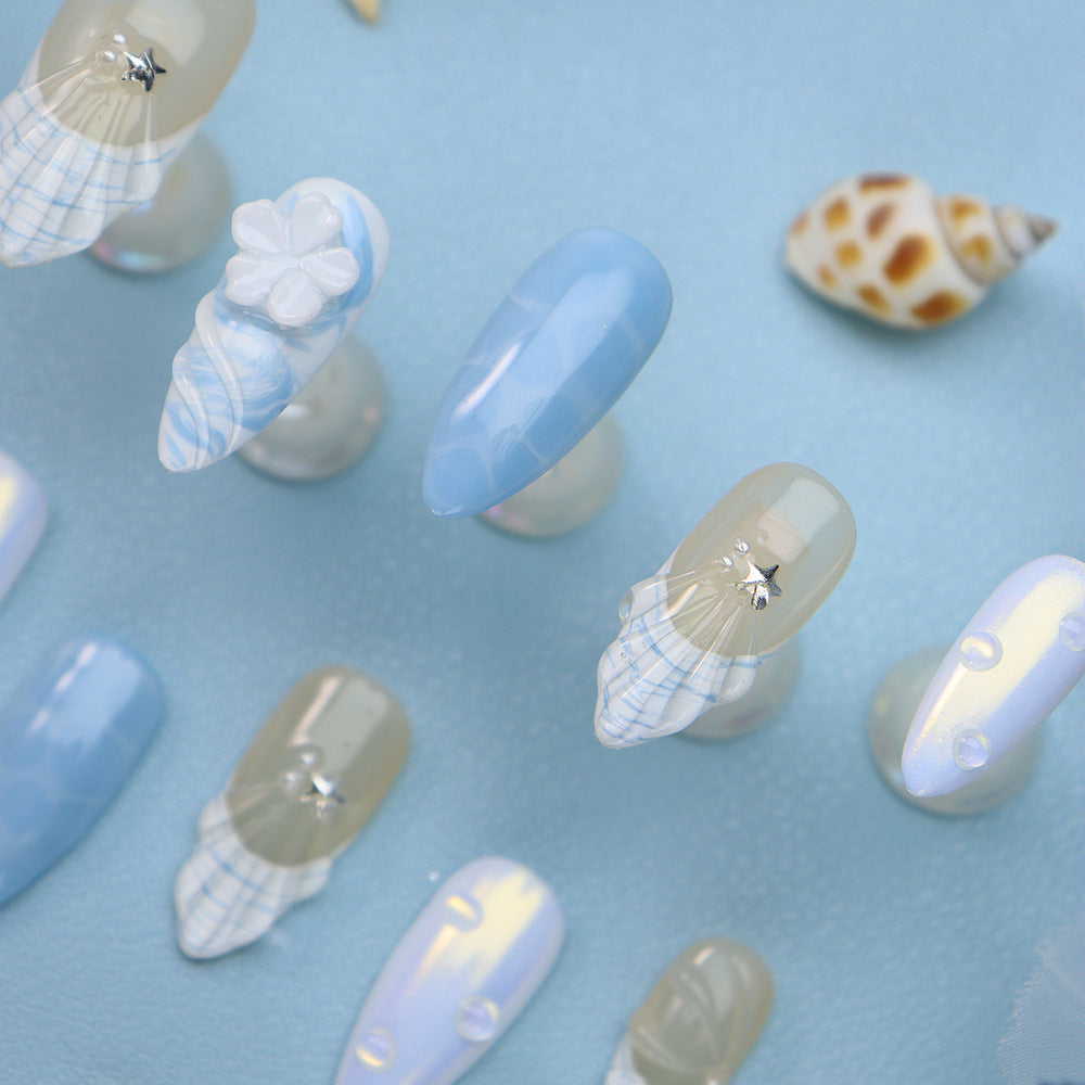 New Fake Nail Stickers Wear Nail Pile Glue Shell Ocean Style Ice Flower Handmade European, American and French Style Nail Stickers Finished Product Generation