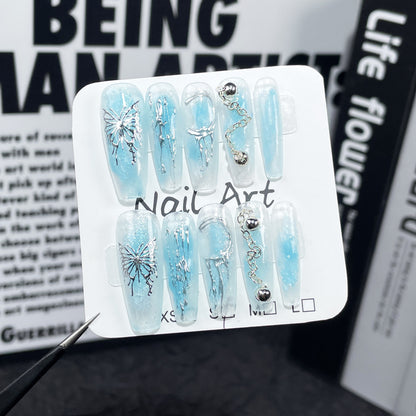 Ice Transparent Cat Eye Hand-Worn Armor Ocean Blue Butterfly Irregular Relief Long Nail Stickers Finished Product Fake Nails