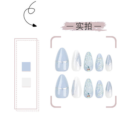 Cross-Border Hot Selling Wear Nail Polish Finished Products Wholesale Cold Color Pallete3D Water Drop Shell Nail Art Almond Fake Nails