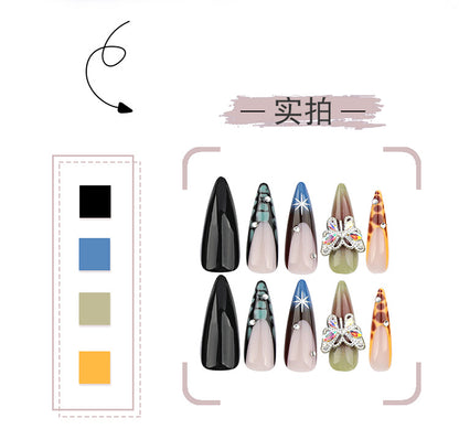 European, American and French Style Wear Armor Autumn New Spot Drill Butterfly Nail Art Blooming Wear Nail Tip Pure Black Fake Nails