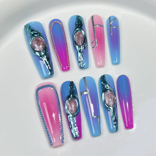 【Dyed Nail】Handmade Wear Nail Light Strange Future Mechanical Style Creative Hand-Painted Sweet Cool Color Hot Girl Manicure