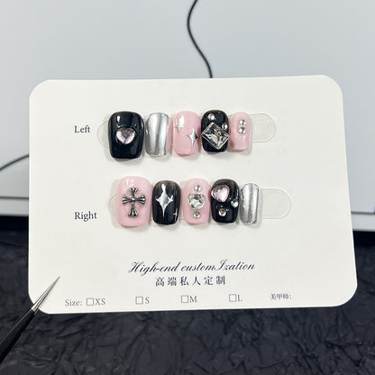 Sweet Cool Black Pink Sweet Heart Heart Love Cube Sugar Light Diamond Short Nail Stickers Handmade Wear Nail Wholesale