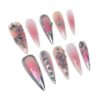 Handmade Wear Nail Spray Gun Blush Nail European and American Sweet Cool Metal Irregular Shape Wearable Nail Sticker Wholesale